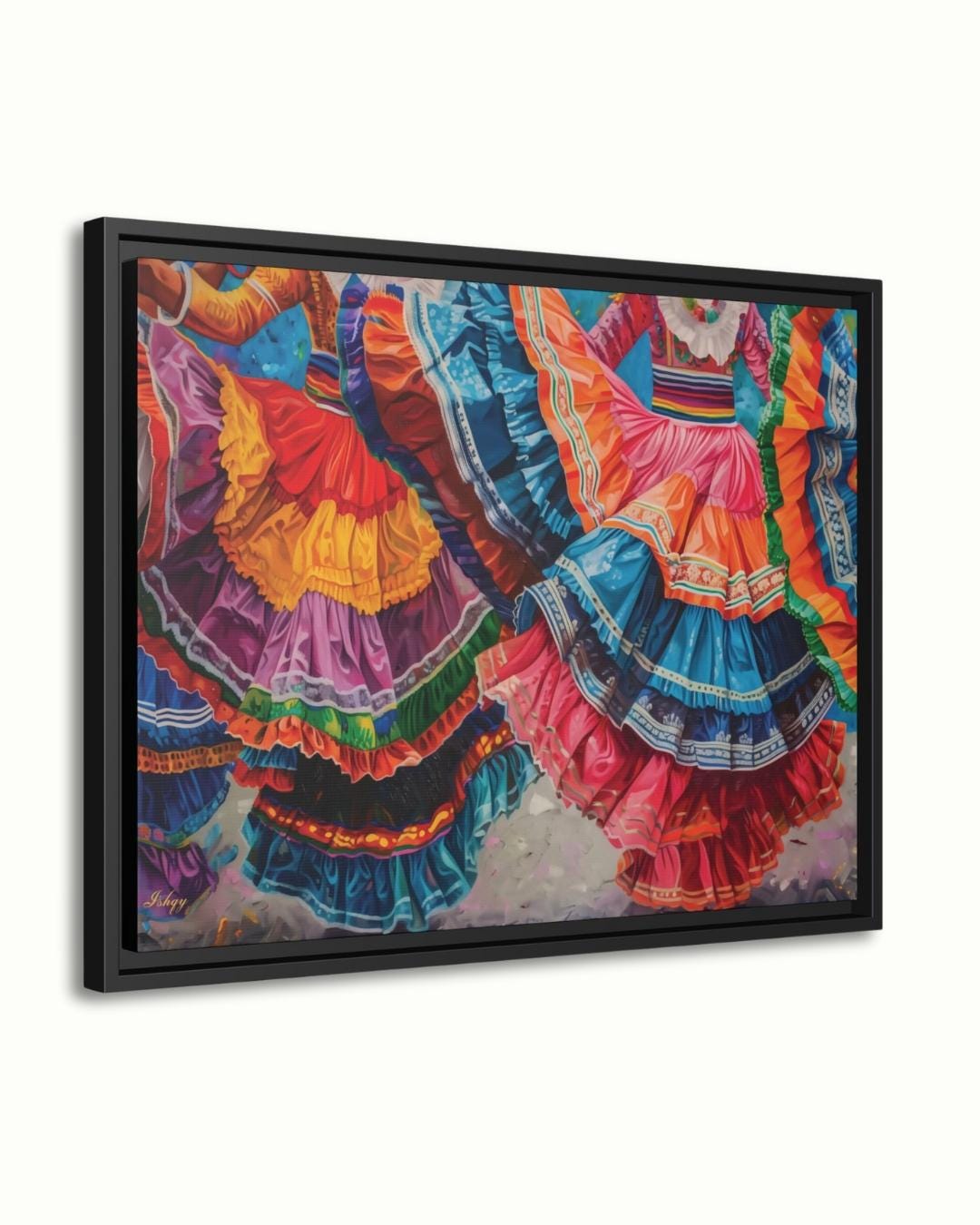 Mexican Dancers Canvas & Framed Canvas Wall Art, Colorful Folklorico Skirt Painting Print, Vibrant Mexico Dance Home Decor Art Print