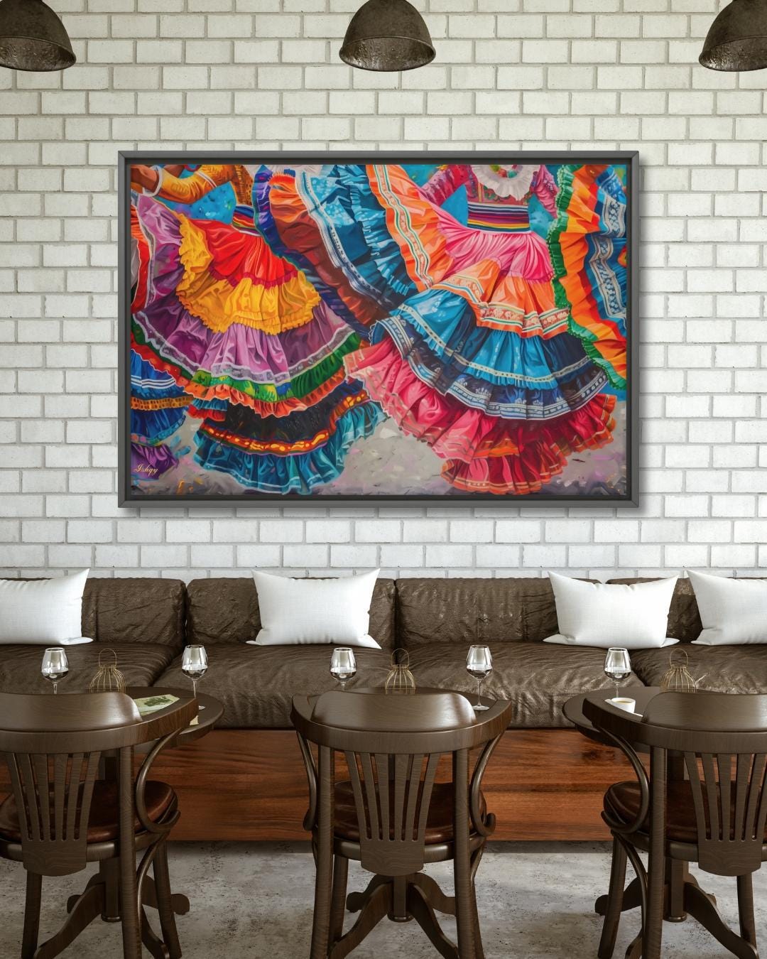 Mexican Dancers Canvas & Framed Canvas Wall Art, Colorful Folklorico Skirt Painting Print, Vibrant Mexico Dance Home Decor Art Print