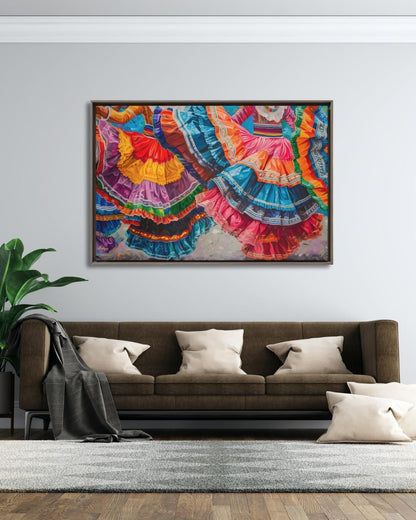 Mexican Dancers Canvas & Framed Canvas Wall Art, Colorful Folklorico Skirt Painting Print, Vibrant Mexico Dance Home Decor Art Print