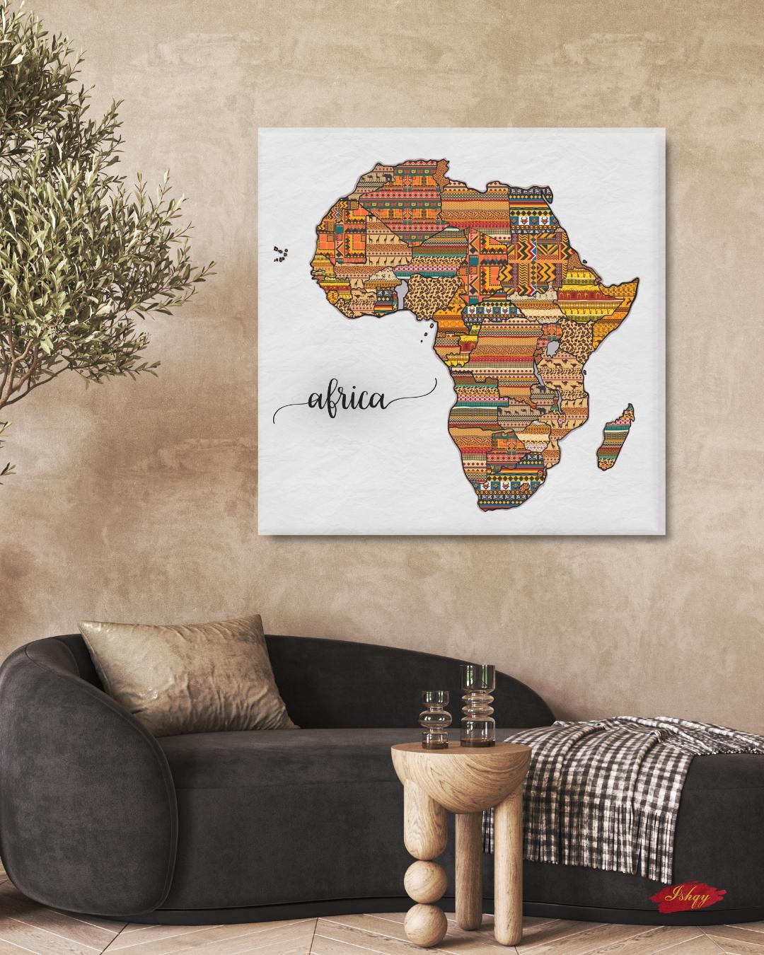 African Map Canvas & Framed Canvas Wall Art, Tribal Pattern Africa Map Painting, Cultural Home Decor Art Print
