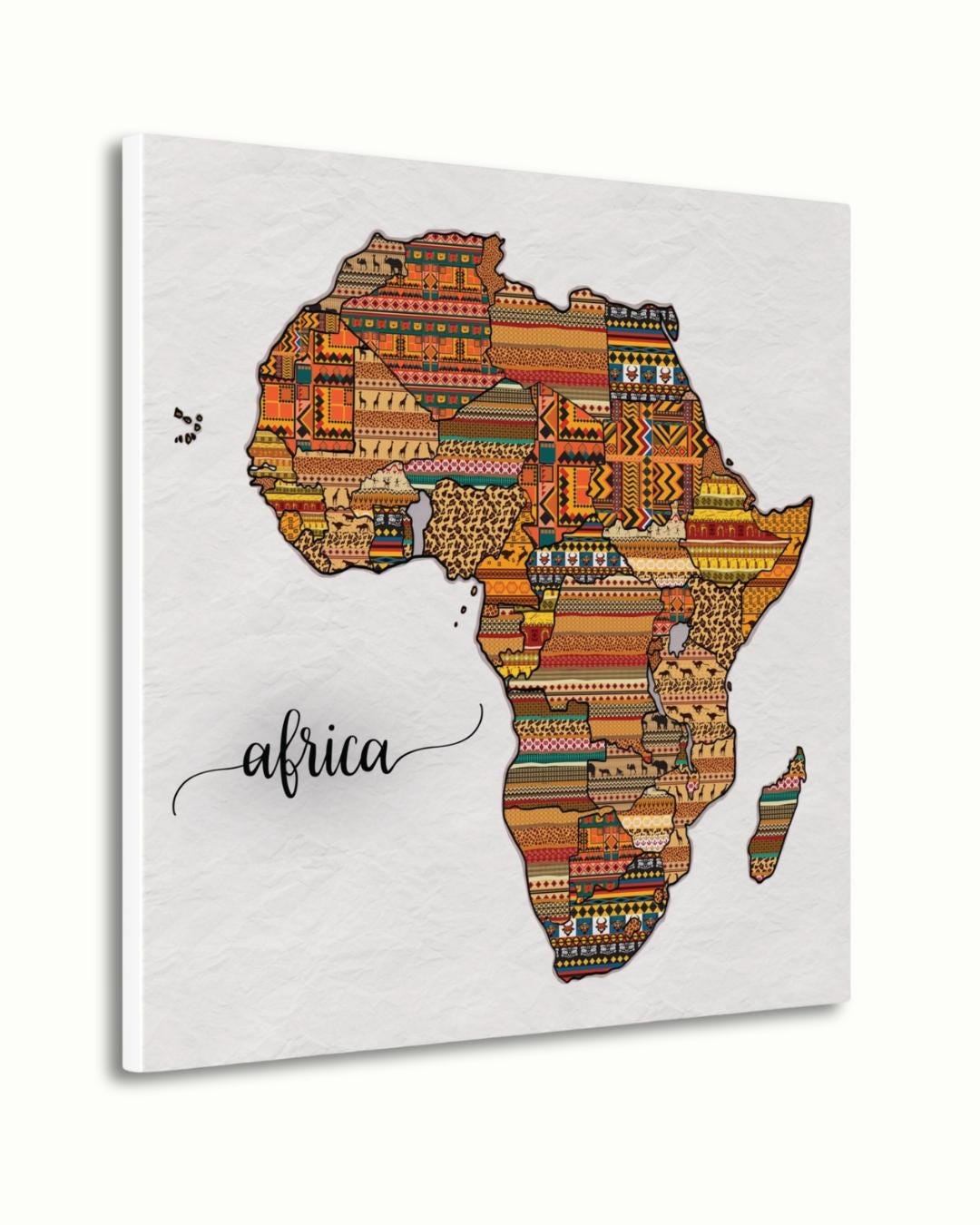 African Map Canvas & Framed Canvas Wall Art, Tribal Pattern Africa Map Painting, Cultural Home Decor Art Print