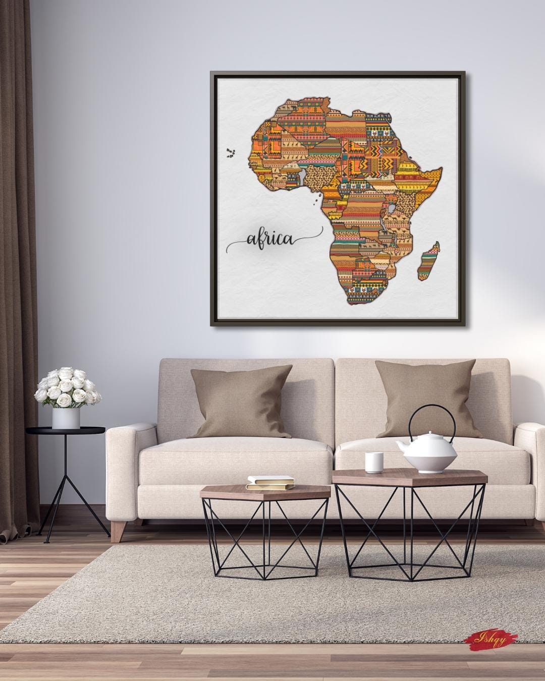 African Map Canvas & Framed Canvas Wall Art, Tribal Pattern Africa Map Painting, Cultural Home Decor Art Print