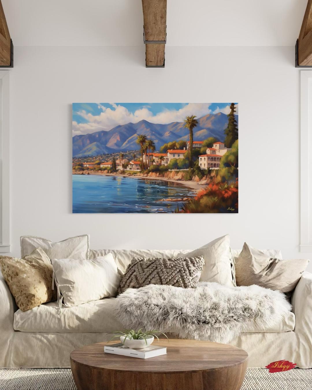 Santa Barbara Coast Landscape Canvas Framed Canvas, coastal painting art print wall decor, California wall art for living room, office decor