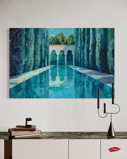 Menara Gardens Morocco Painting Canvas Framed Canvas, Marrakech Wall Art Print, Moroccan Landscape Decor For Living Room, Large Blue Artwork