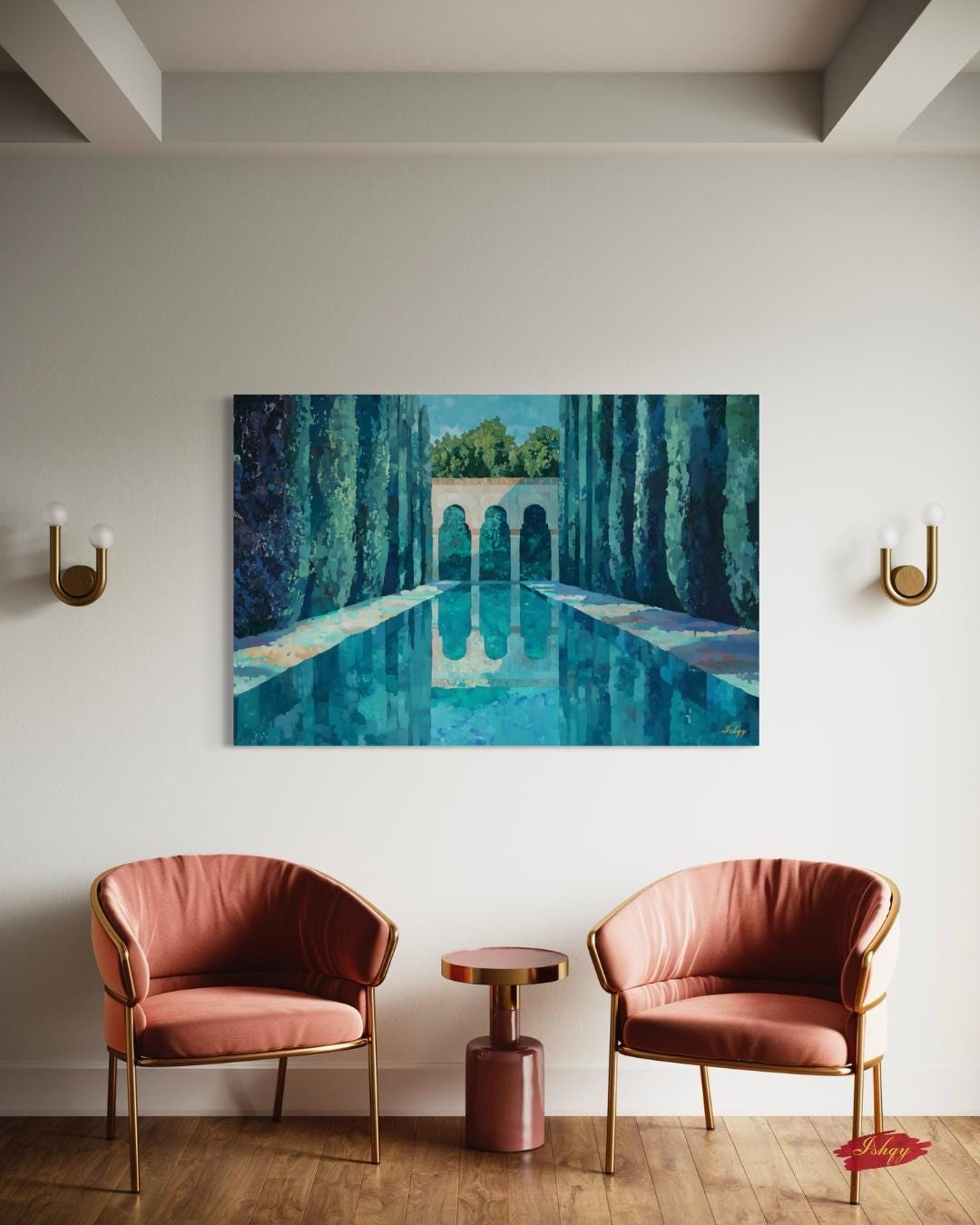 Menara Gardens Morocco Painting Canvas Framed Canvas, Marrakech Wall Art Print, Moroccan Landscape Decor For Living Room, Large Blue Artwork