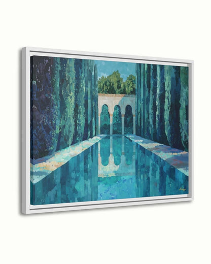 Menara Gardens Morocco Painting Canvas Framed Canvas, Marrakech Wall Art Print, Moroccan Landscape Decor For Living Room, Large Blue Artwork