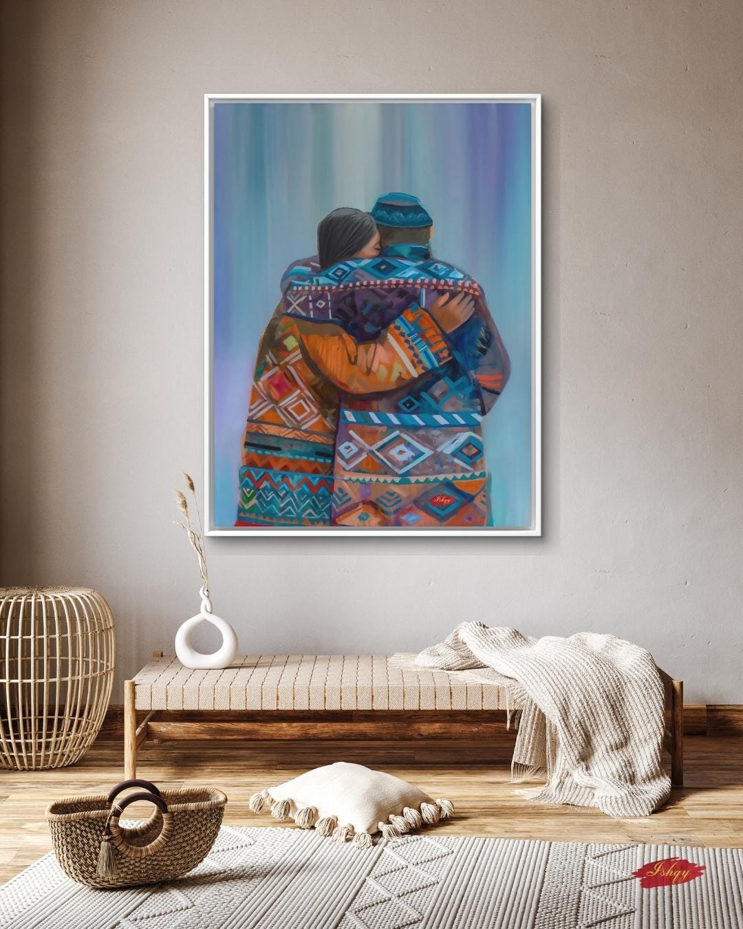 Sami Lovers Painting, Canvas & Framed Canvas Nordic Wall Art, Colorful Scandinavian Couple Home Decor Art Print