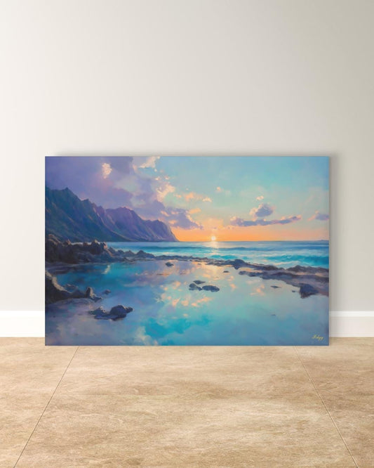Makapuʻu Tide Pools Painting, Canvas & Framed Canvas Hawaii Wall Art, Coastal Ocean Sunset Home Decor Art Print