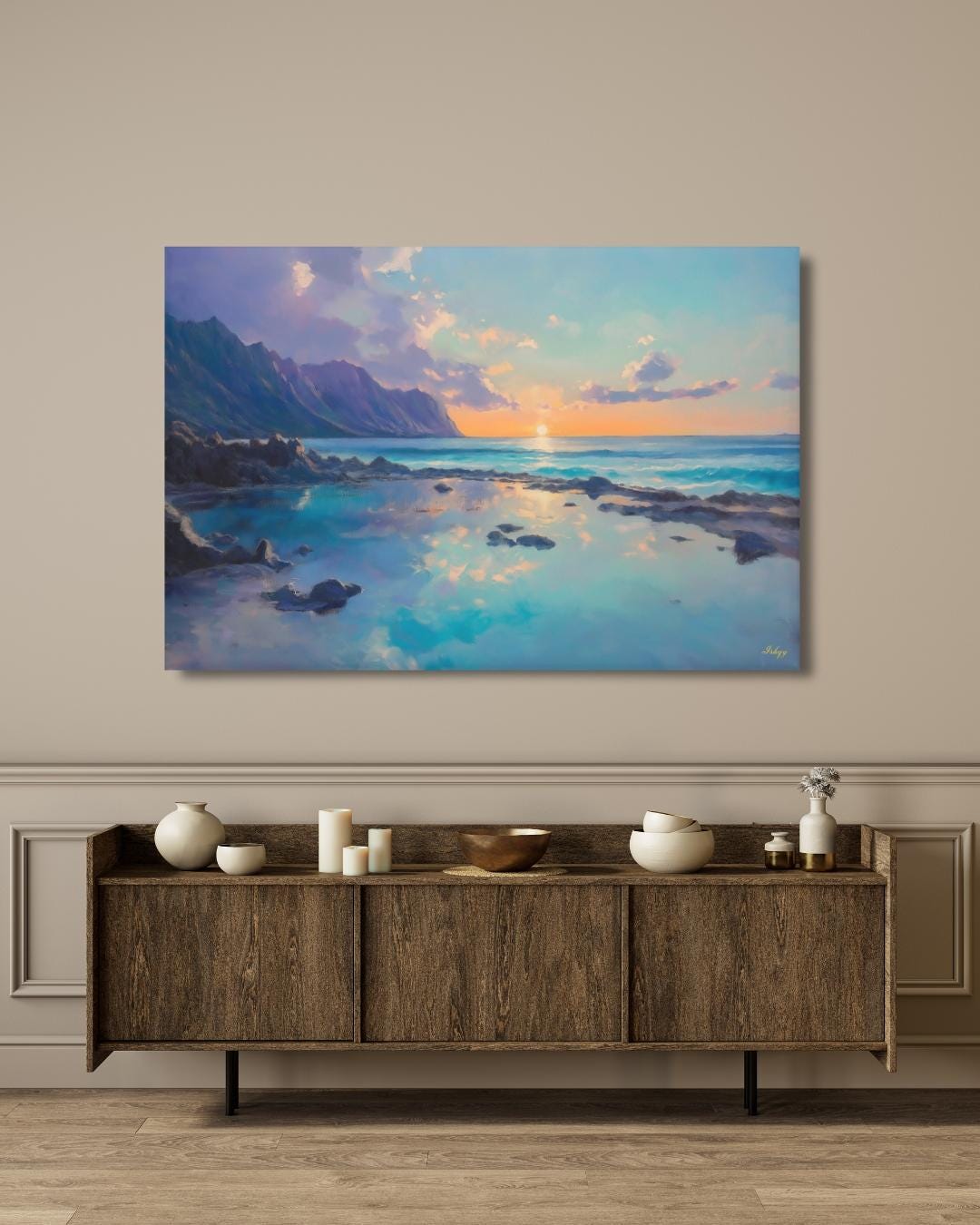 Makapuʻu Tide Pools Painting, Canvas & Framed Canvas Hawaii Wall Art, Coastal Ocean Sunset Home Decor Art Print