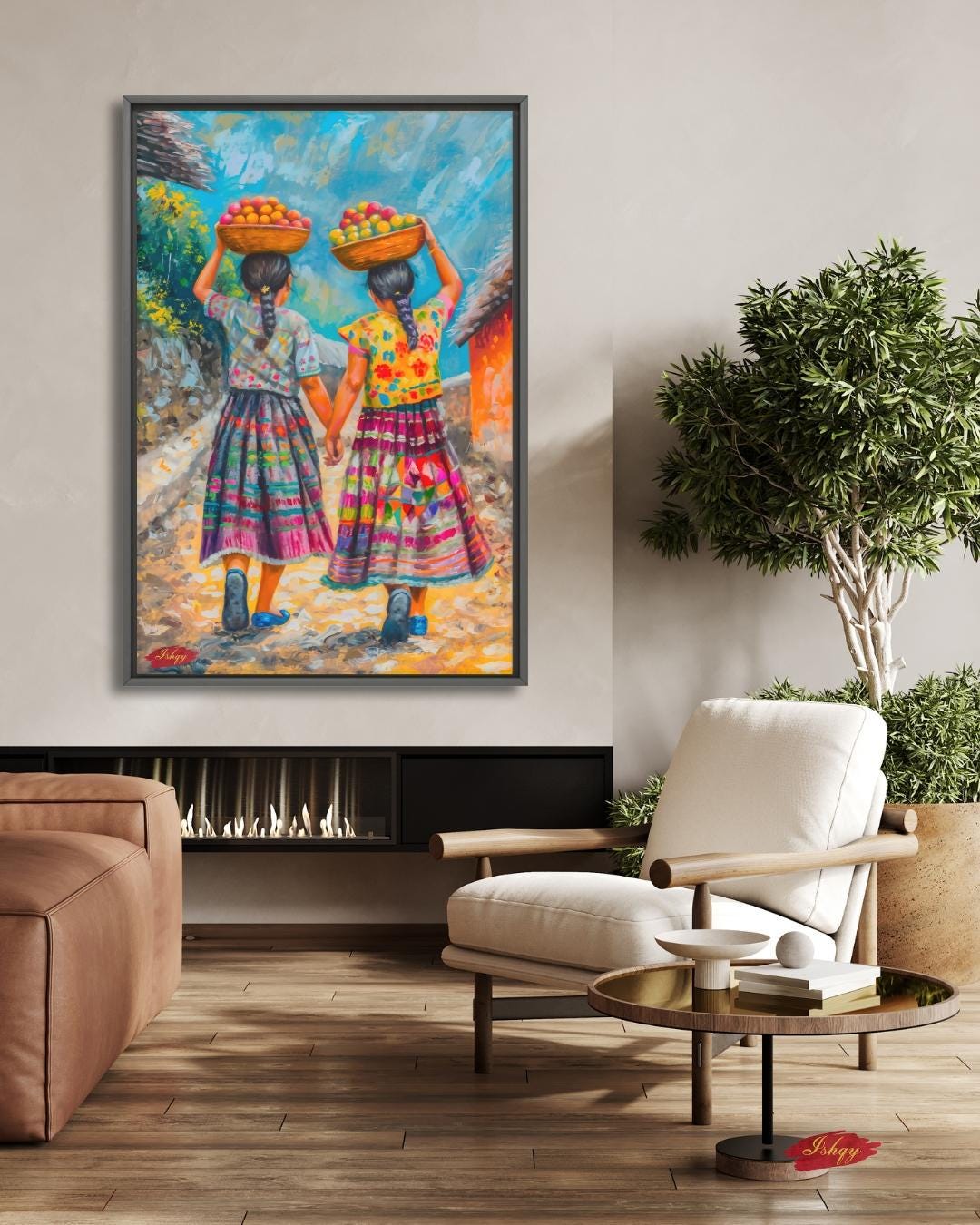 Guatemalan Sisters Painting, Canvas & Framed Canvas Latin Wall Art, Colorful Central American Home Decor Art Print