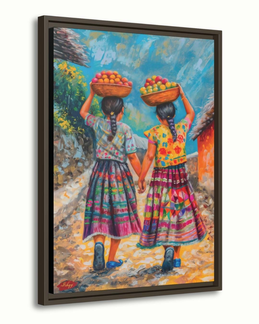 Guatemalan Sisters Painting, Canvas & Framed Canvas Latin Wall Art, Colorful Central American Home Decor Art Print