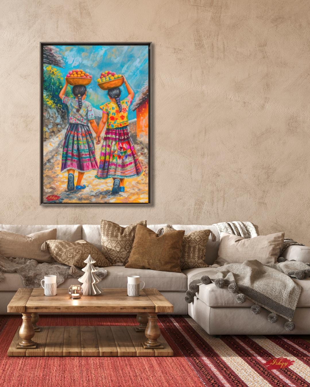Guatemalan Sisters Painting, Canvas & Framed Canvas Latin Wall Art, Colorful Central American Home Decor Art Print