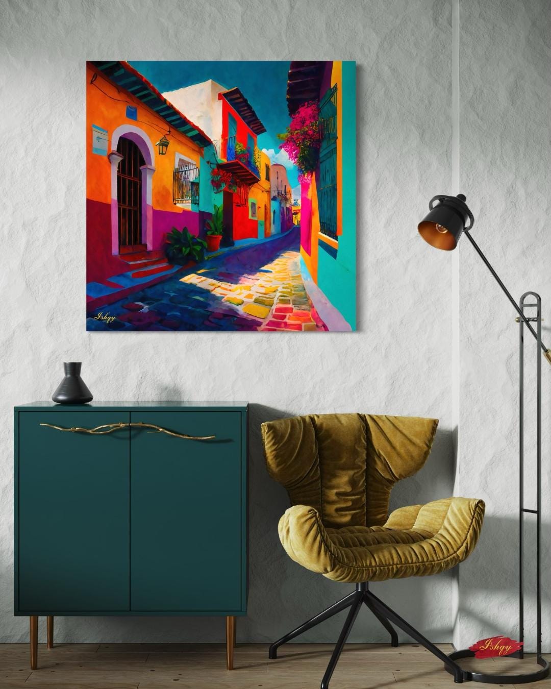 Mexican Village Cityscape Painting Canvas Framed Canvas, Colorful Street Art Print, Mexico Wall Art For Living Room, Boho Home Decor, Office