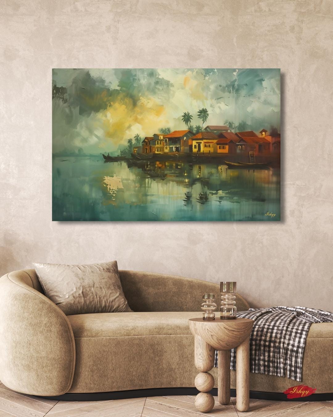 Kochi Wall Art Kerala Backwaters Painting Print, India Canvas Tropical Waterfront Landscape Travel Art Living Room Bedroom Home Wall Decor