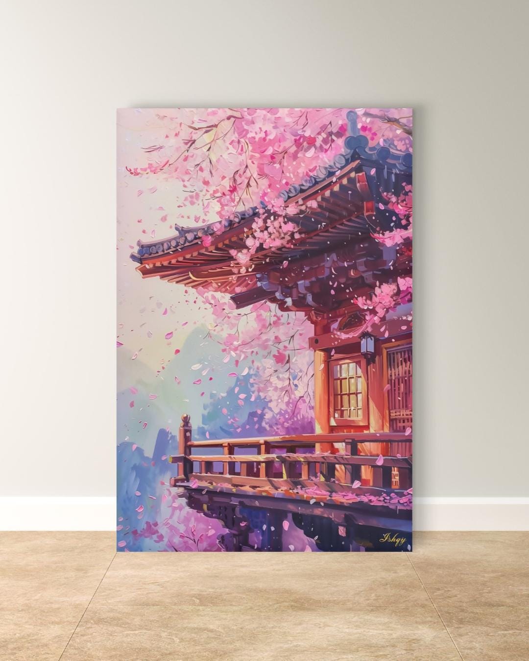 Kyoto Temple Cherry Blossom Painting Canvas Framed Canvas, Sakura Japan Art Print, Asian Wall Art For Living Room Bedroom, Zen Japan Decor
