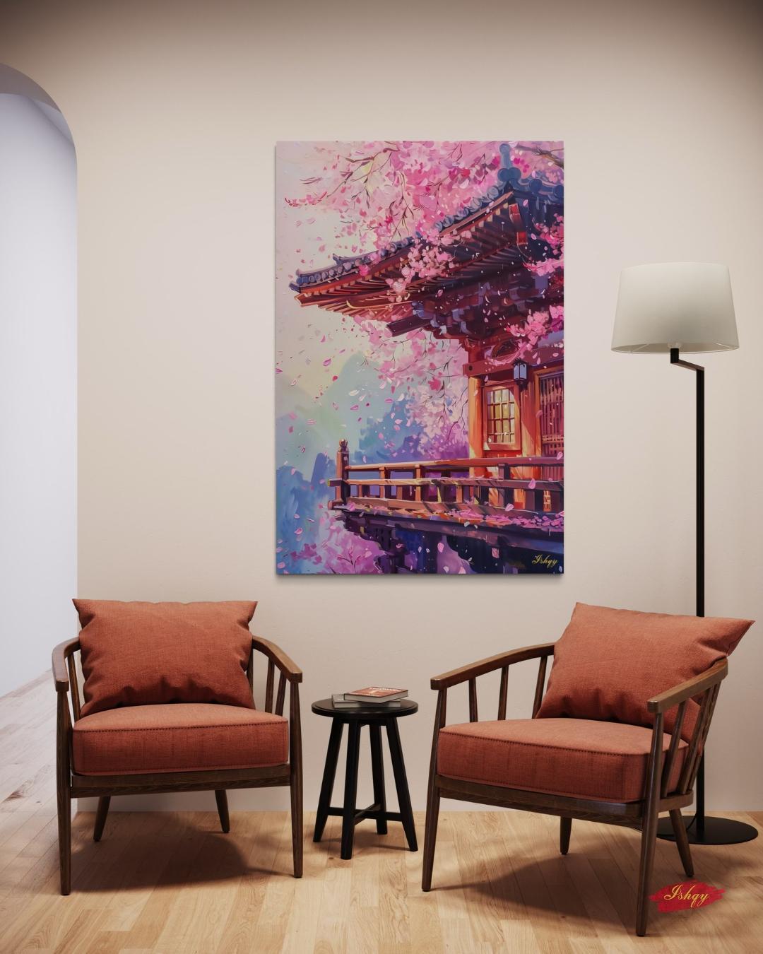 Kyoto Temple Cherry Blossom Painting Canvas Framed Canvas, Sakura Japan Art Print, Asian Wall Art For Living Room Bedroom, Zen Japan Decor