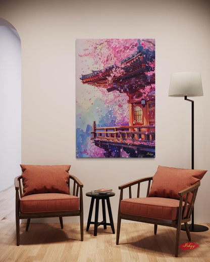 Kyoto Temple Cherry Blossom Painting Canvas Framed Canvas, Sakura Japan Art Print, Asian Wall Art For Living Room Bedroom, Zen Japan Decor
