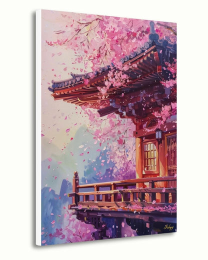 Kyoto Temple Cherry Blossom Painting Canvas Framed Canvas, Sakura Japan Art Print, Asian Wall Art For Living Room Bedroom, Zen Japan Decor