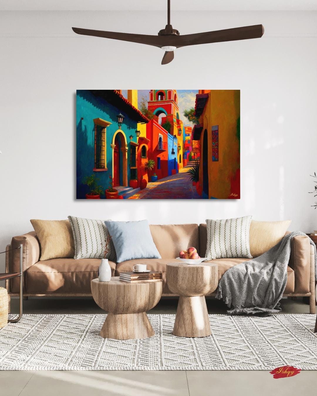 Mexican Village Cityscape Painting Canvas Framed Canvas, Colorful Colonial Street Art Print, Mexico Wall Art For Living Room Bedroom Decor