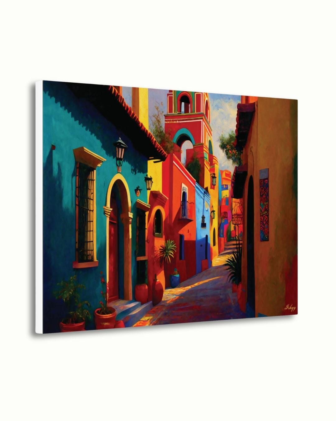 Mexican Village Cityscape Painting Canvas Framed Canvas, Colorful Colonial Street Art Print, Mexico Wall Art For Living Room Bedroom Decor