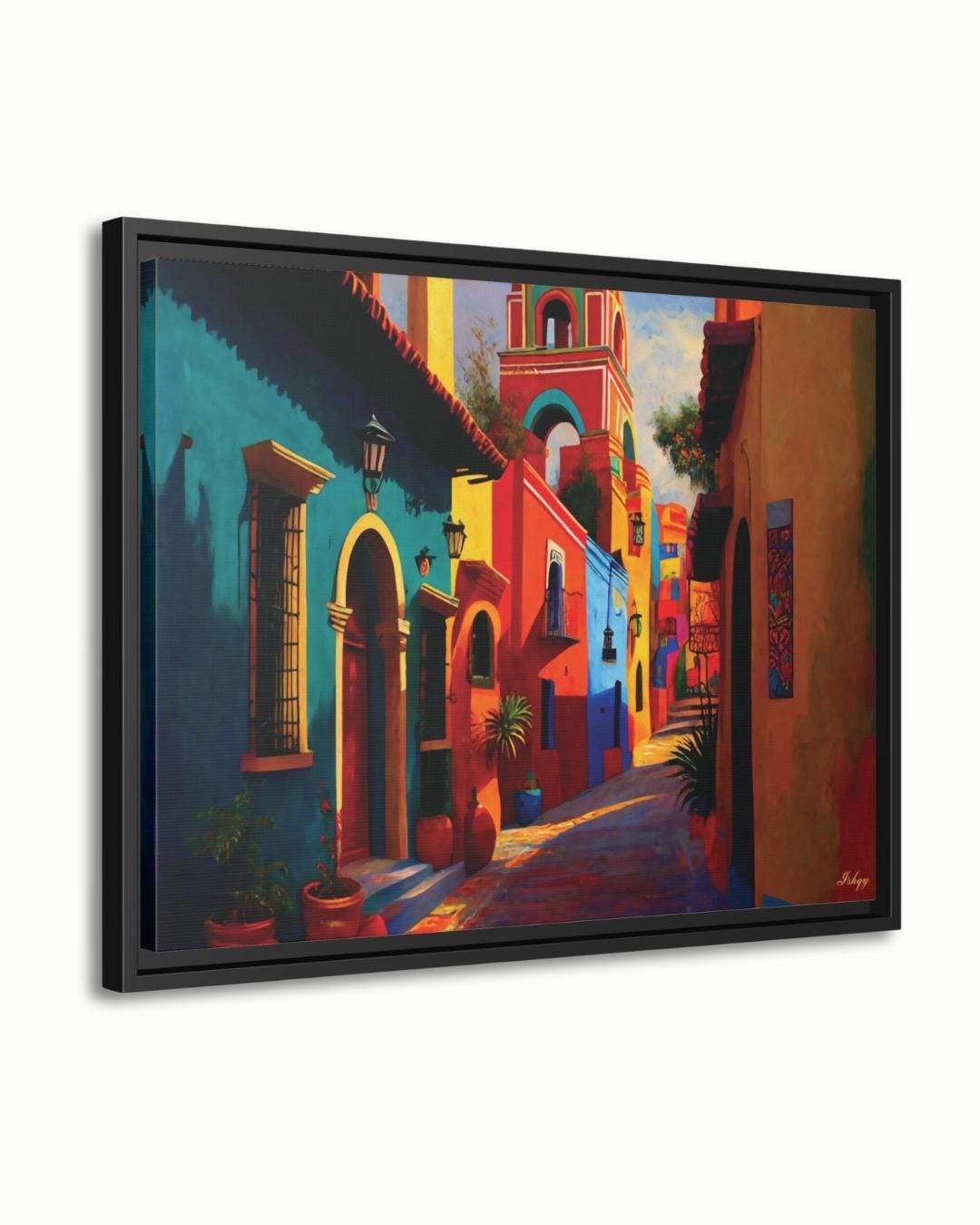 Mexican Village Cityscape Painting Canvas Framed Canvas, Colorful Colonial Street Art Print, Mexico Wall Art For Living Room Bedroom Decor