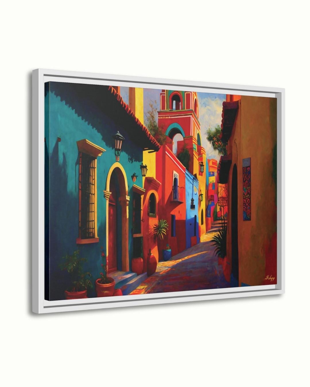 Mexican Village Cityscape Painting Canvas Framed Canvas, Colorful Colonial Street Art Print, Mexico Wall Art For Living Room Bedroom Decor