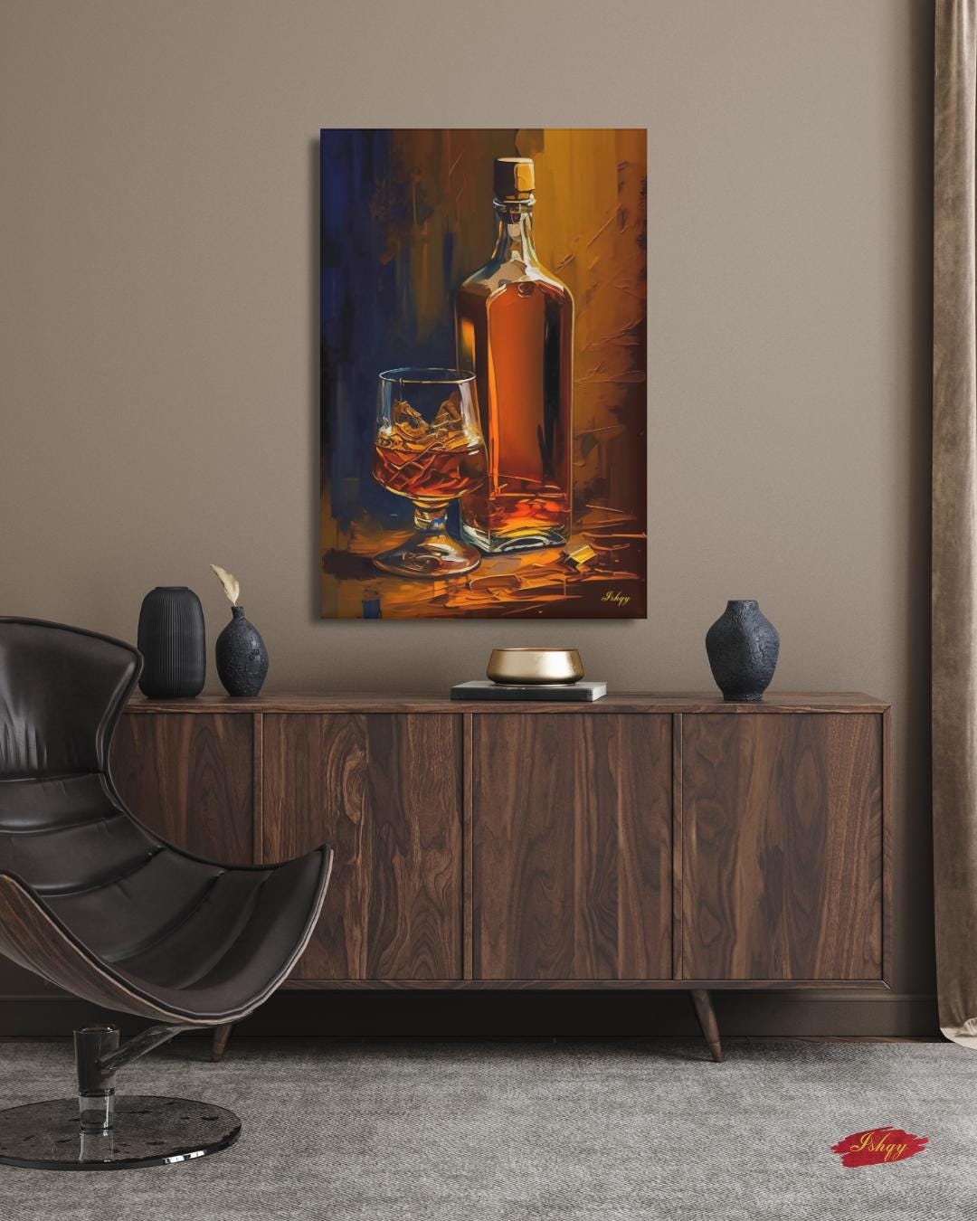 Whiskey Bottle Painting Print on Canvas & Framed Canvas Bar Wall Art, Bourbon Scotch Liquor Home Bar Decor, Whiskey on the Rocks Art Print
