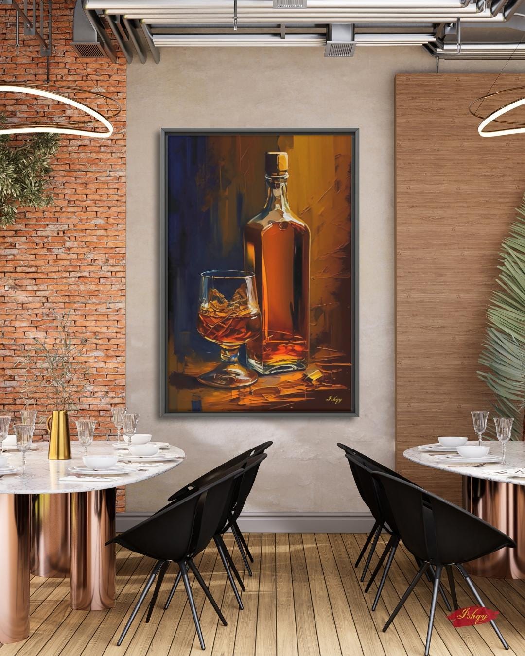 Whiskey Bottle Painting Print on Canvas & Framed Canvas Bar Wall Art, Bourbon Scotch Liquor Home Bar Decor, Whiskey on the Rocks Art Print