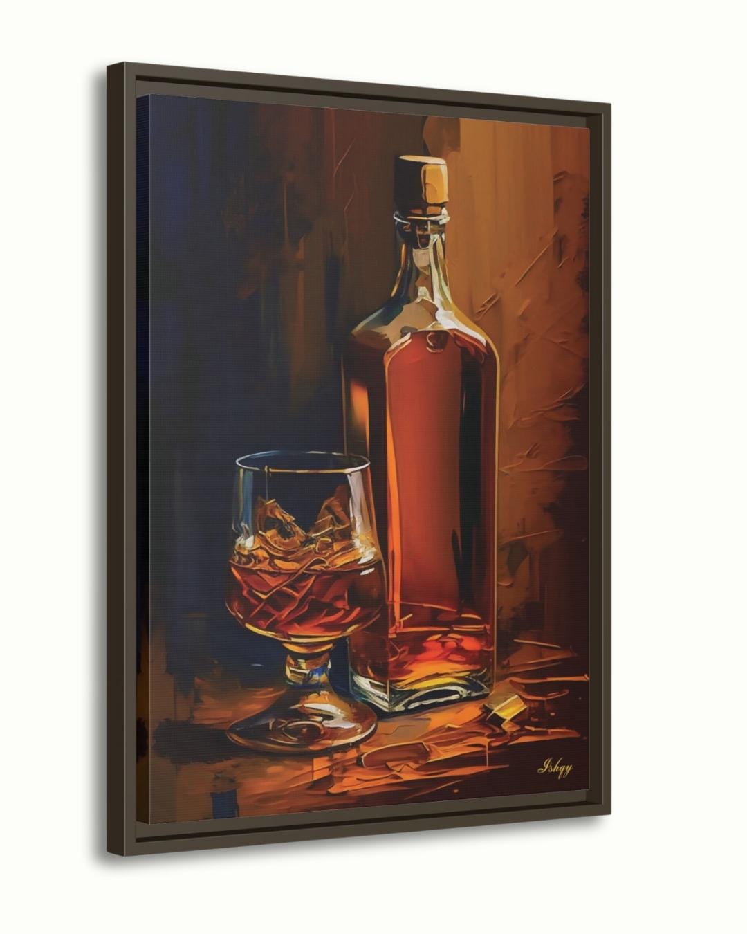 Whiskey Bottle Painting Print on Canvas & Framed Canvas Bar Wall Art, Bourbon Scotch Liquor Home Bar Decor, Whiskey on the Rocks Art Print