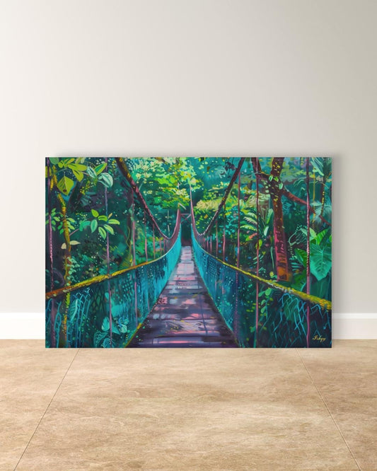 Monteverde Hanging Bridge Painting Print on Canvas & Framed Canvas Costa Rica Wall Art, Tropical Rainforest Jungle Home Decor Art Print