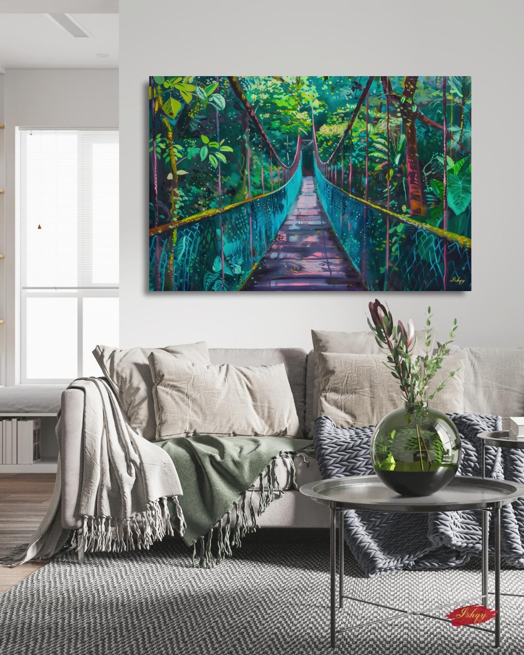 Monteverde Hanging Bridge Painting Print on Canvas & Framed Canvas Costa Rica Wall Art, Tropical Rainforest Jungle Home Decor Art Print