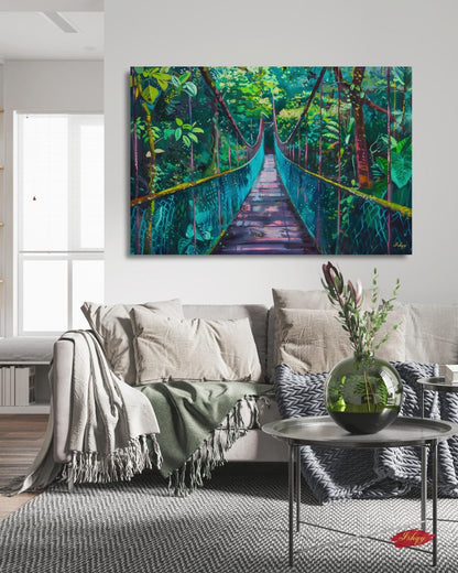 Monteverde Hanging Bridge Painting Print on Canvas & Framed Canvas Costa Rica Wall Art, Tropical Rainforest Jungle Home Decor Art Print