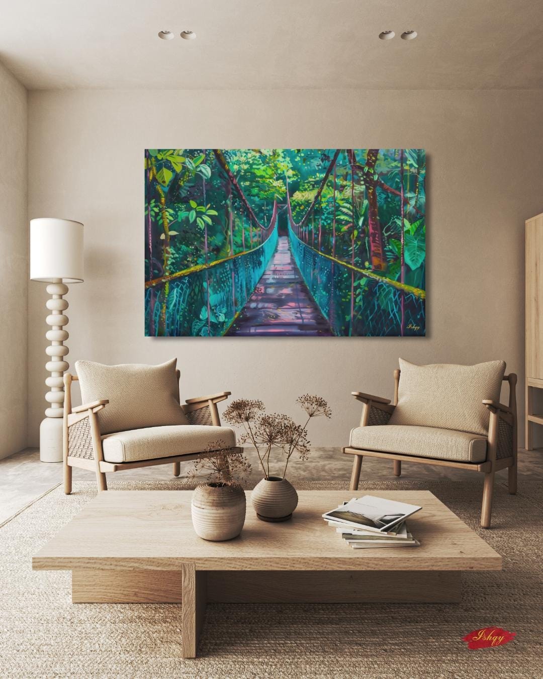 Monteverde Hanging Bridge Painting Print on Canvas & Framed Canvas Costa Rica Wall Art, Tropical Rainforest Jungle Home Decor Art Print