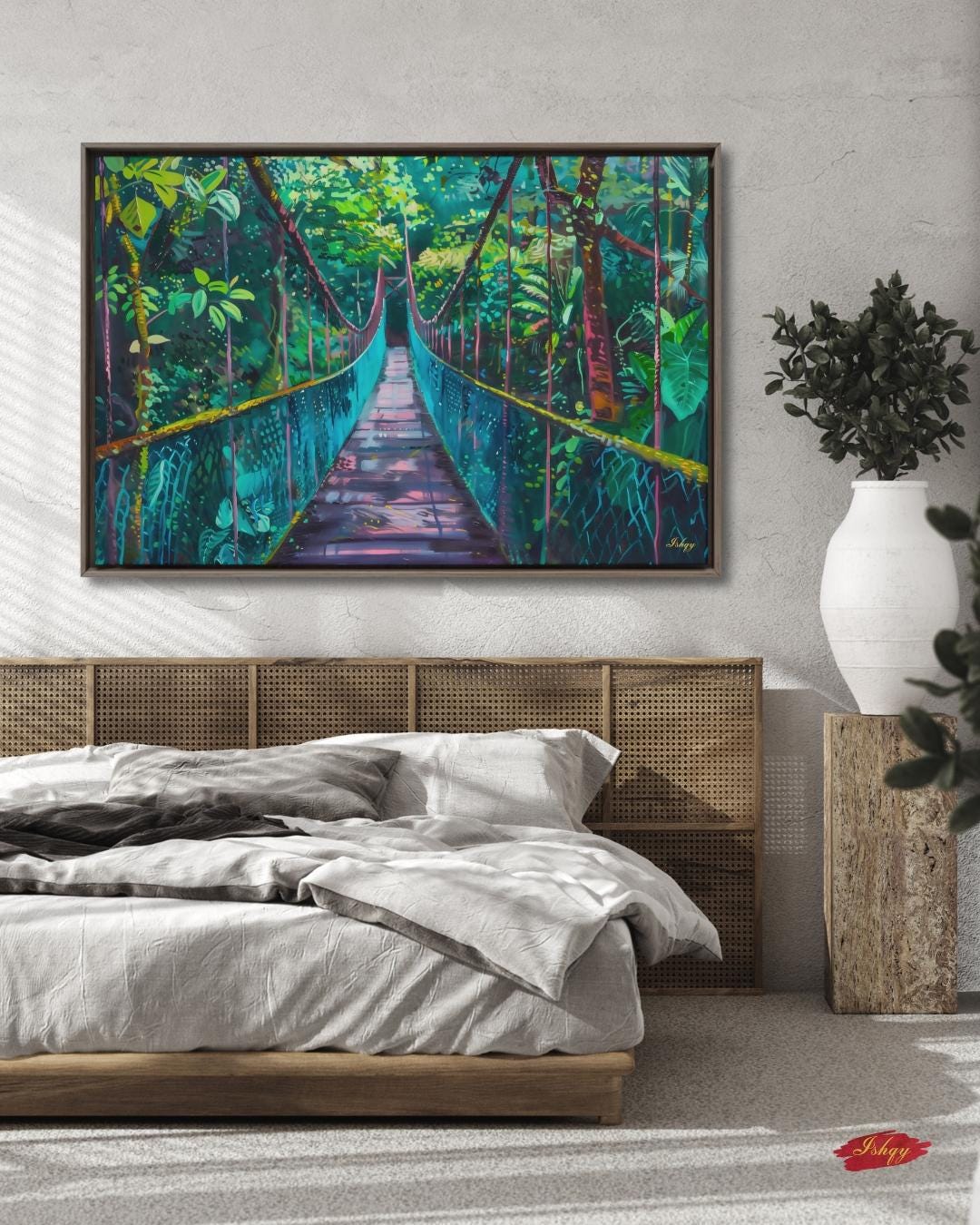 Monteverde Hanging Bridge Painting Print on Canvas & Framed Canvas Costa Rica Wall Art, Tropical Rainforest Jungle Home Decor Art Print