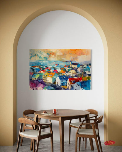 Reykjavik Cityscape Painting, Canvas & Framed Canvas Iceland Wall Art, Colorful Reykjavik Skyline Home Decor Nordic Coastal Art Print