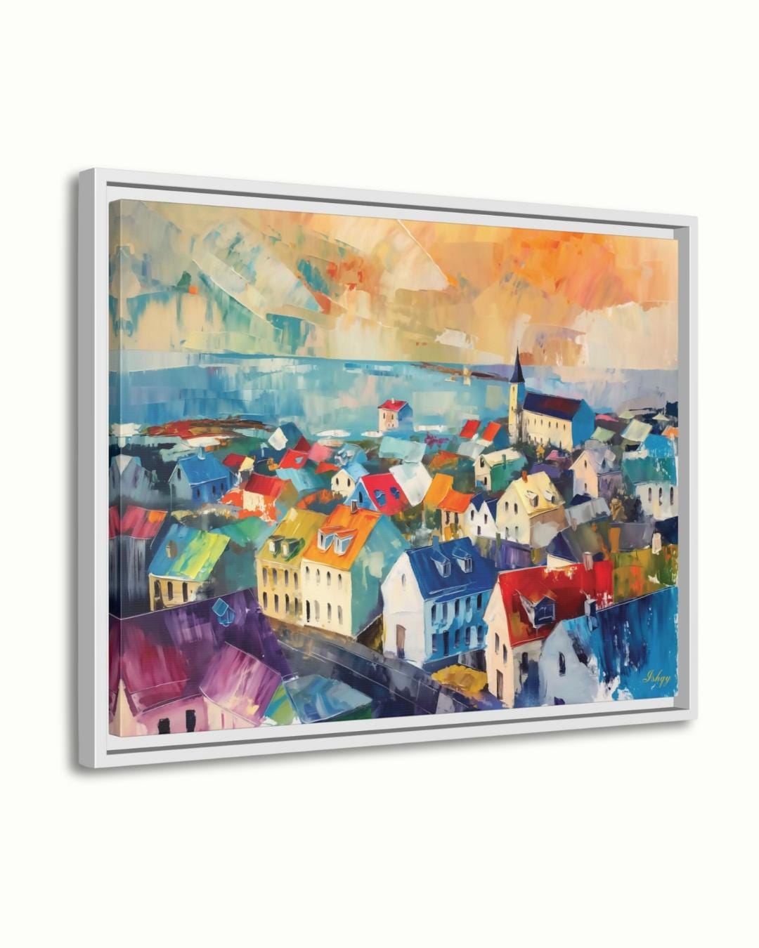 Reykjavik Cityscape Painting, Canvas & Framed Canvas Iceland Wall Art, Colorful Reykjavik Skyline Home Decor Nordic Coastal Art Print