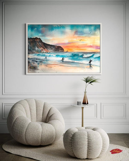 Todos Santos Surf Beach Painting, Canvas & Framed Canvas Mexico Coastal Wall Art, Sunset Ocean Waves Surfer Home Decor Art Print