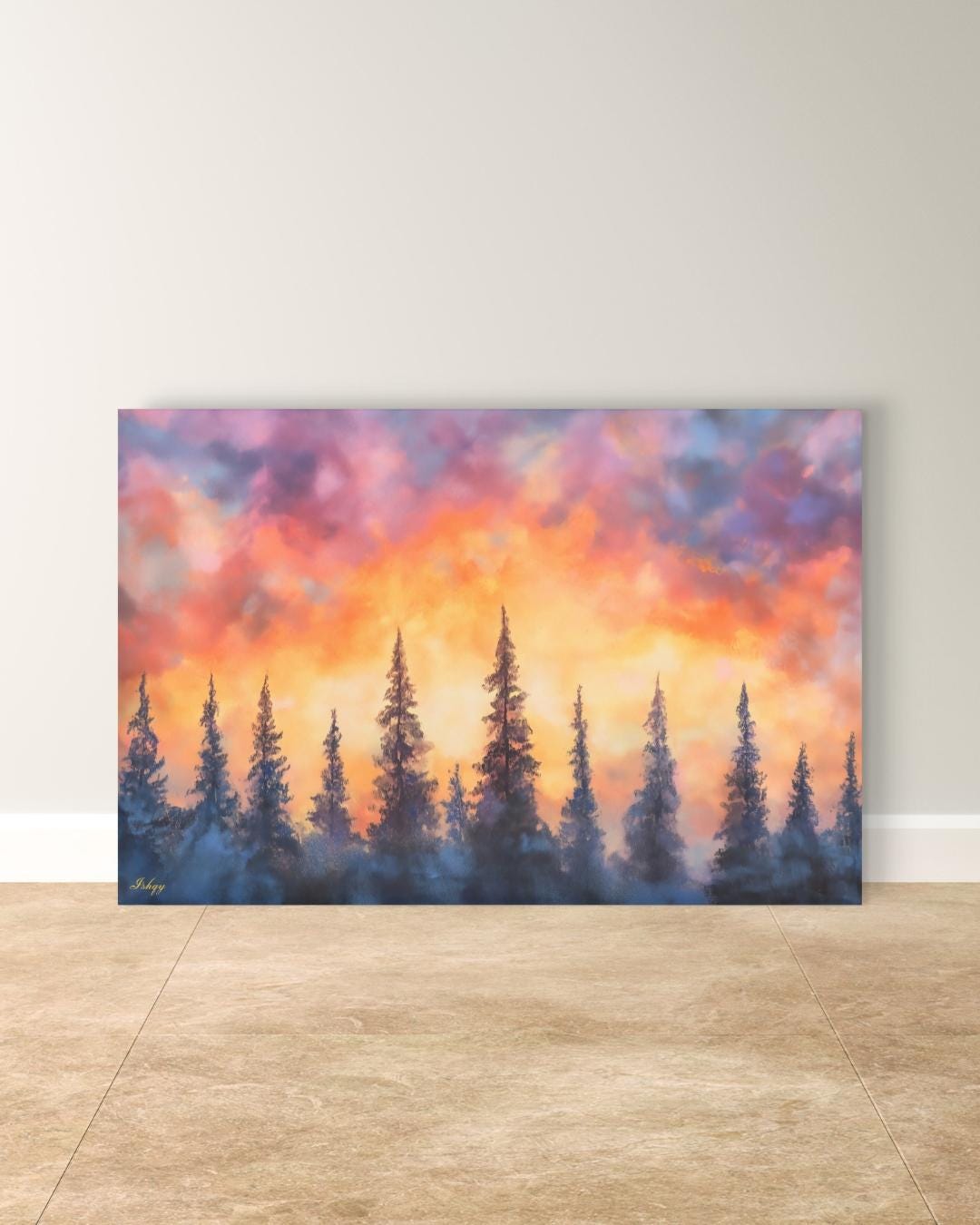 Sunset Pine Forest Painting, Canvas & Framed Canvas Evergreen Tree Wall Art, Colorful Sky Landscape Home Decor Art Print