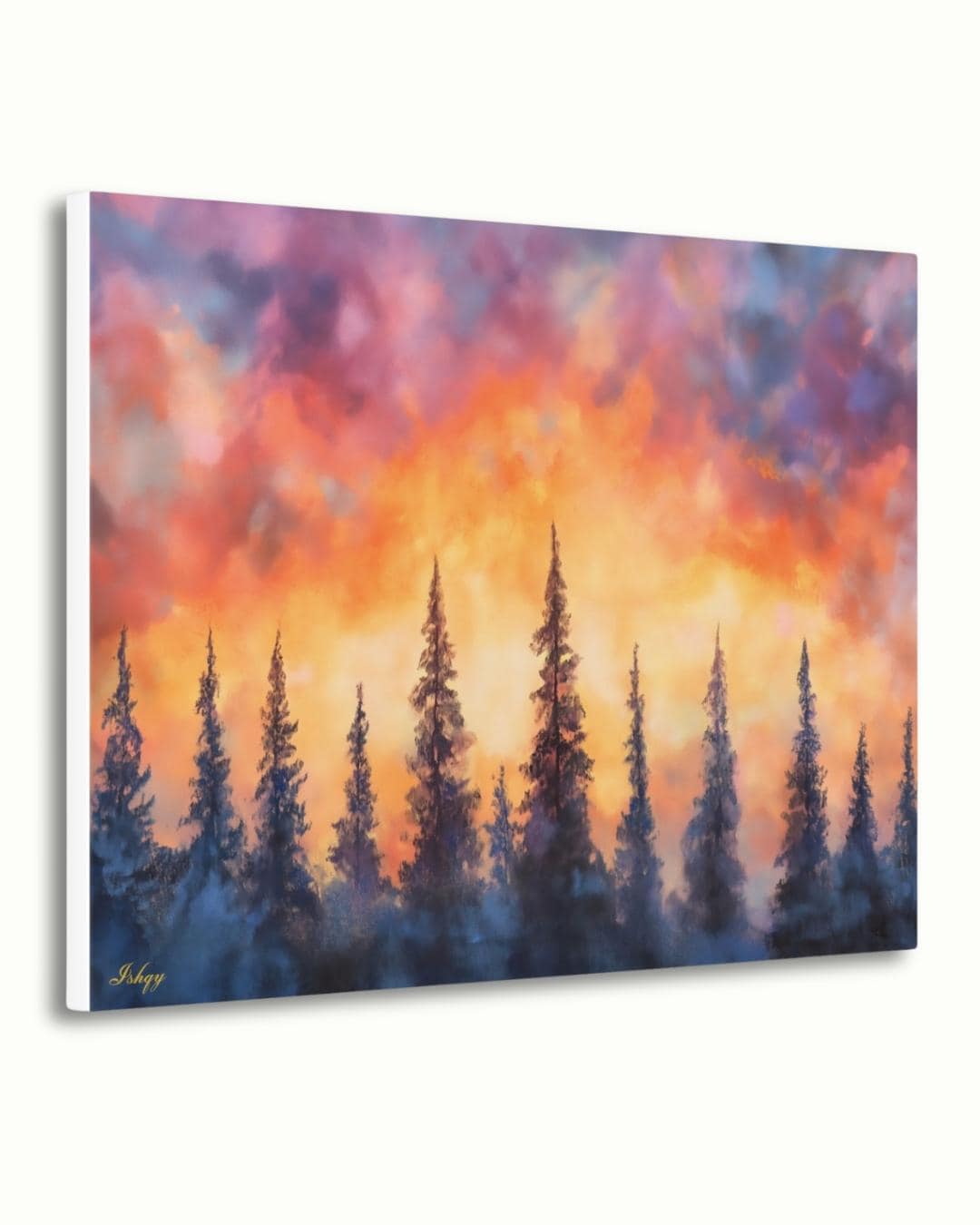 Sunset Pine Forest Painting, Canvas & Framed Canvas Evergreen Tree Wall Art, Colorful Sky Landscape Home Decor Art Print