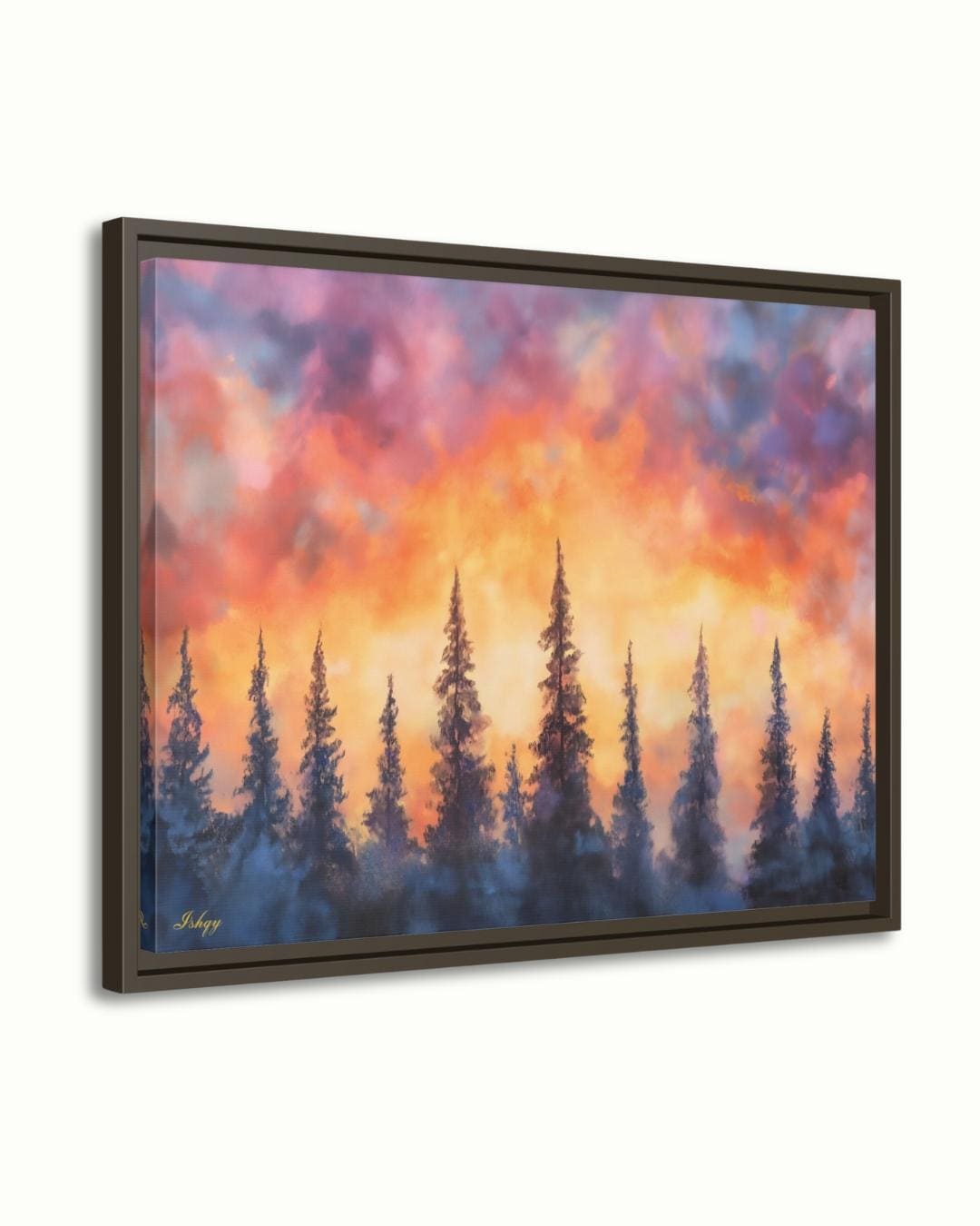 Sunset Pine Forest Painting, Canvas & Framed Canvas Evergreen Tree Wall Art, Colorful Sky Landscape Home Decor Art Print