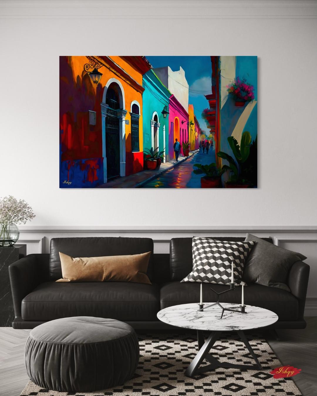 Oaxaca City Street Painting, Canvas & Framed Canvas Mexico Wall Art, Colorful Colonial Cityscape Home Decor Art Print