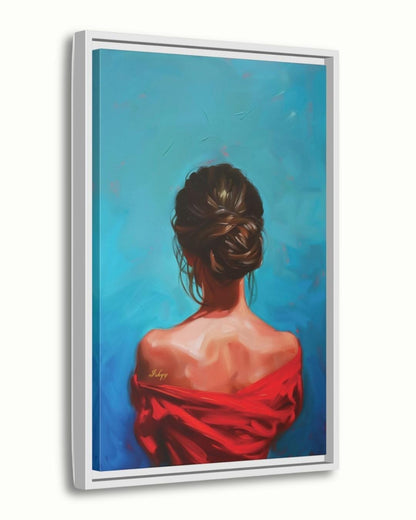 Female Portrait Painting Canvas Framed Canvas, Woman In Red Art Print, Modern Living Room Wall Art, Minimalist Figure Decor, Blue Background