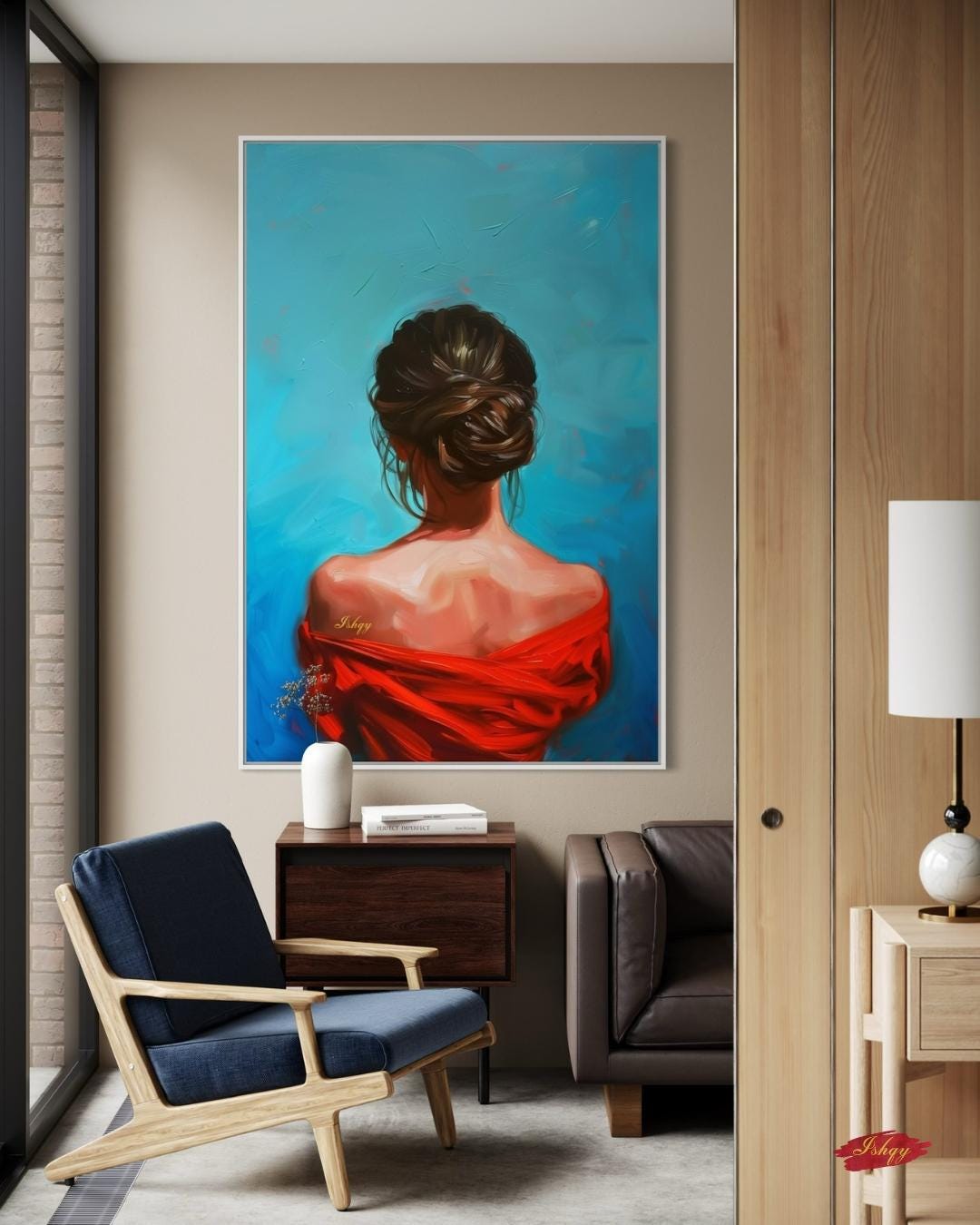 Female Portrait Painting Canvas Framed Canvas, Woman In Red Art Print, Modern Living Room Wall Art, Minimalist Figure Decor, Blue Background