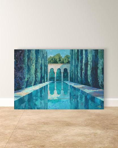 Menara Gardens Morocco Painting Canvas Framed Canvas, Marrakech Wall Art Print, Moroccan Landscape Decor For Living Room, Large Blue Artwork
