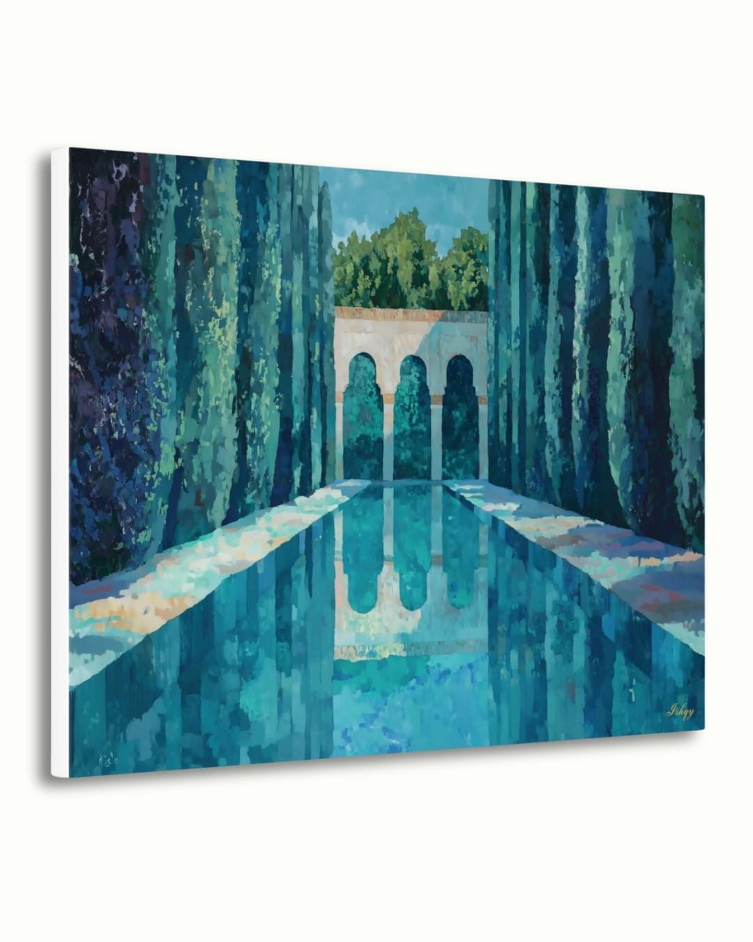 Menara Gardens Morocco Painting Canvas Framed Canvas, Marrakech Wall Art Print, Moroccan Landscape Decor For Living Room, Large Blue Artwork