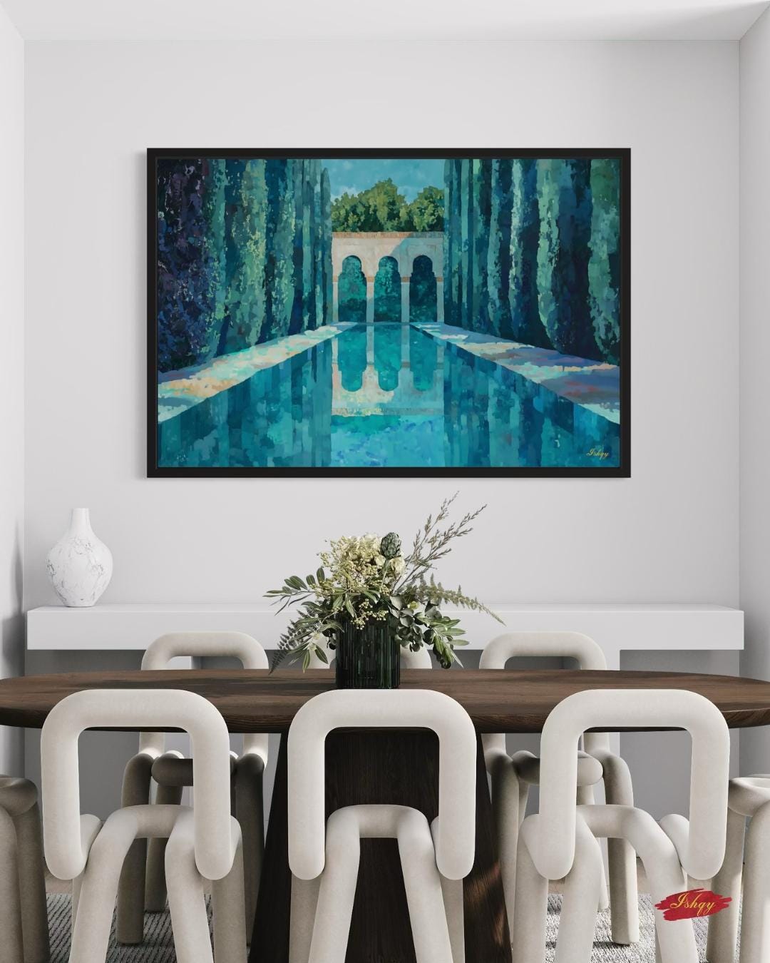 Menara Gardens Morocco Painting Canvas Framed Canvas, Marrakech Wall Art Print, Moroccan Landscape Decor For Living Room, Large Blue Artwork