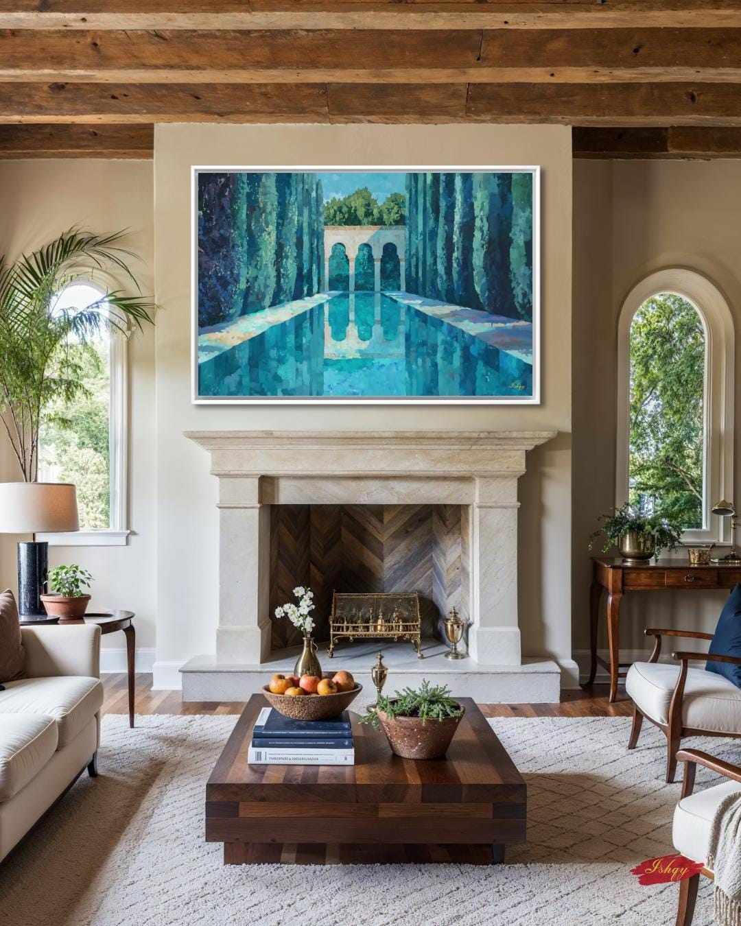 Menara Gardens Morocco Painting Canvas Framed Canvas, Marrakech Wall Art Print, Moroccan Landscape Decor For Living Room, Large Blue Artwork