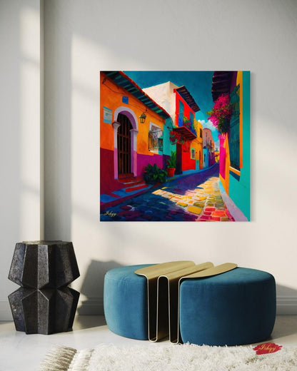 Mexican Village Cityscape Painting Canvas Framed Canvas, Colorful Street Art Print, Mexico Wall Art For Living Room, Boho Home Decor, Office