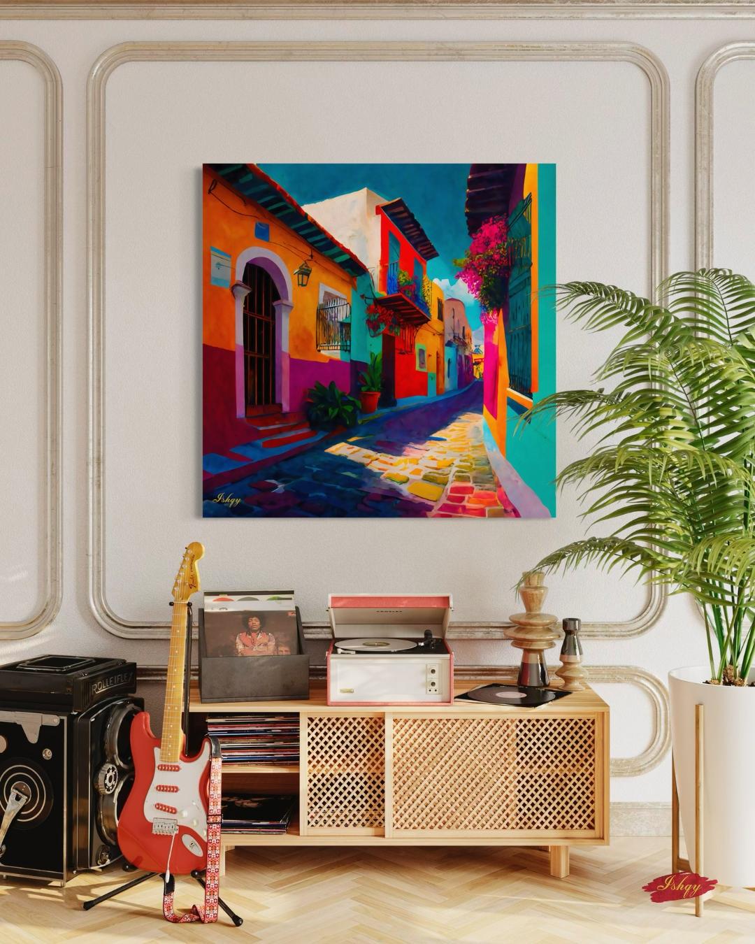 Mexican Village Cityscape Painting Canvas Framed Canvas, Colorful Street Art Print, Mexico Wall Art For Living Room, Boho Home Decor, Office