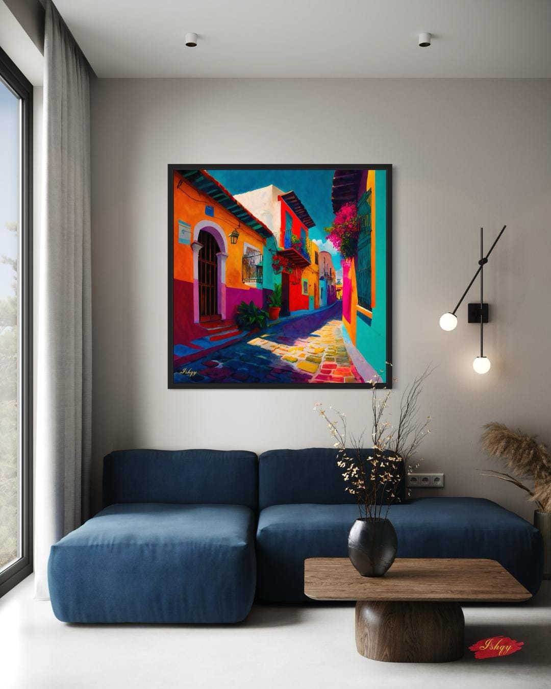 Mexican Village Cityscape Painting Canvas Framed Canvas, Colorful Street Art Print, Mexico Wall Art For Living Room, Boho Home Decor, Office